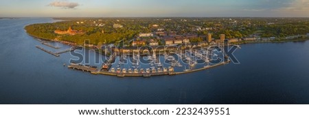 Panorama aerial view of shore of Flensburg Fjord with marina und Murwik Naval School. Panorama aerial view of Flensburg, Schleswig-Holstein, Germany.