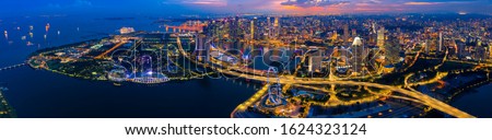 Panorama Aerial view of the Singapore landmark financial business district at sunset scene with skyscraper and beautiful sky. Singapore downtown