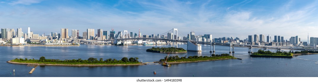 Panorama Aerial view of Tokyo skylines with Rainbow bridge and tokyo tower over Tokyo bay in daytime from Odaiba in Tokyo city Kanto Japan.