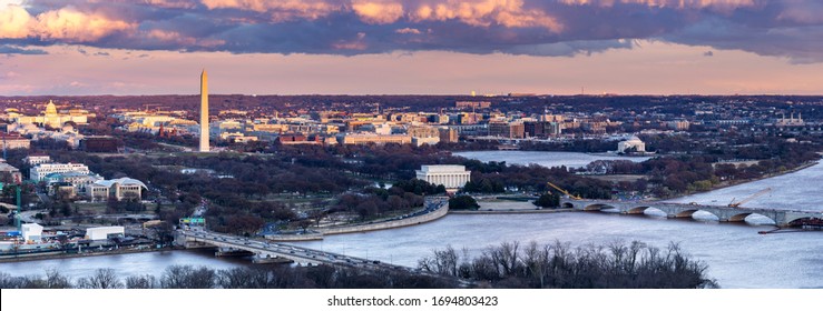 Panorama Aerial View Of Washington DC Skyscraper Skylines Building Cityscape Capital Of USA  From Arlington Virginia USA In Sunset Twilight.