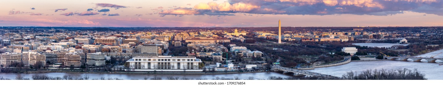 Panorama Aerial View Of Washington DC Skyscraper Skylines Building Cityscape Capital Of USA  From Arlington Virginia USA In Sunset Twilight.