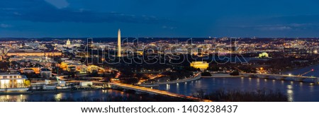 Panorama Aerial view of Washington DC cityscape from Arlington Virginia USA.