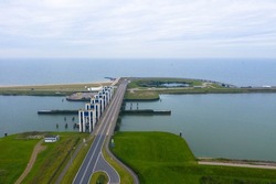 Panorama Aerial View Of The Water Flood System. IJsselmeer On The Right And Markermeer On The Left. Lelystad Flevopolder Near Amsterdam Part Of The Zuiderzeewerke. Water Management. 