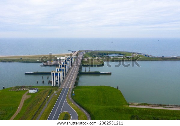 Panorama aerial\
view of the water flood system. IJsselmeer on the right and\
Markermeer on the left. Lelystad Flevopolder near Amsterdam Part of\
the Zuiderzeewerke. Water management.\
