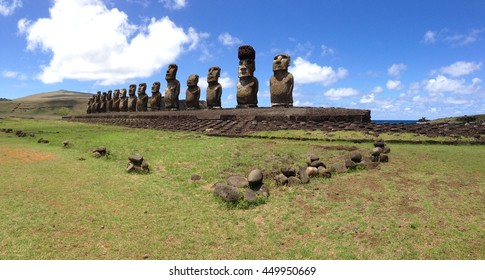 Panorama from Ahu Tongariki at the Easter Island, Rapa Nui