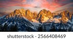 Panorama Alpenglow at the Wilder Kaiser Astbergsee, Going, Tyrol, Austria in the Morning