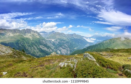 Panorama of the Alps in summer. View on the Emosson dam in Switzerland during Tour du Mont Blanc hike