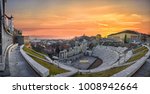 Panorama of the Amphitheatre in Plovdiv , Bulgaria at sunset - european capital of culture 2019. Ancient roman theater a venue for dramatic and musical performances. One of the oldest cities in world