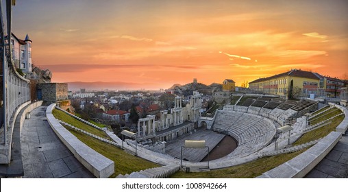 Panorama of the Amphitheatre in Plovdiv , Bulgaria at sunset - european capital of culture 2019. Ancient roman theater a venue for dramatic and musical performances. One of the oldest cities in world