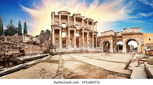 Panorama of the ancient library of Celsus in Ephesus under a dramatic sky. Turkey. UNESCO cultural heritage - Shutterstock ID 1911685576
