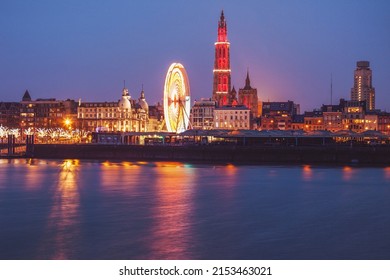 Panorama of Antwerp across Scheldt River. Antwerp, Flemish Region, Belgium