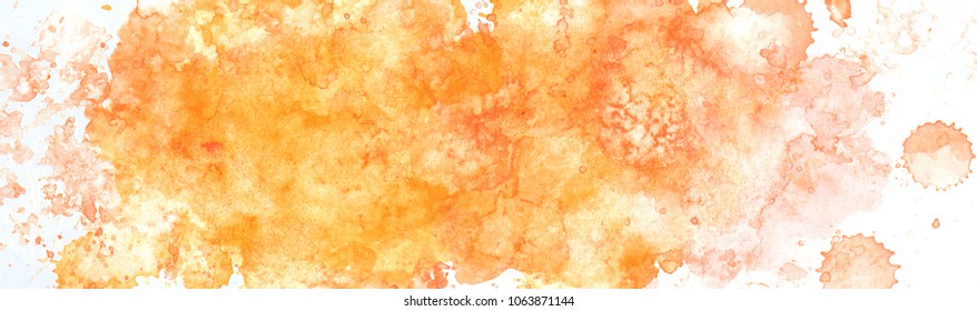 Panorama Artwork. Abstract orange and yellow watercolor painting art on white background, Brushstrokes of paint. Abstract artistic frame. Color splashing in paper, Hand drawn, Texture, Banner design.