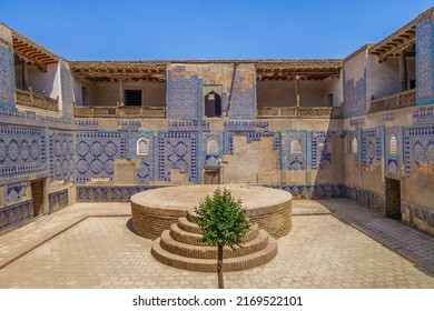 Panorama of Arzhana courtyard (court yard) of Tash-Khauli palace, Khiva, Uzbekistan. Platform for the speaker is in the center