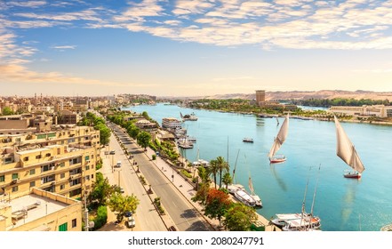 Panorama Of Aswan And The Nile With Sailboats, Aerial View, Egypt