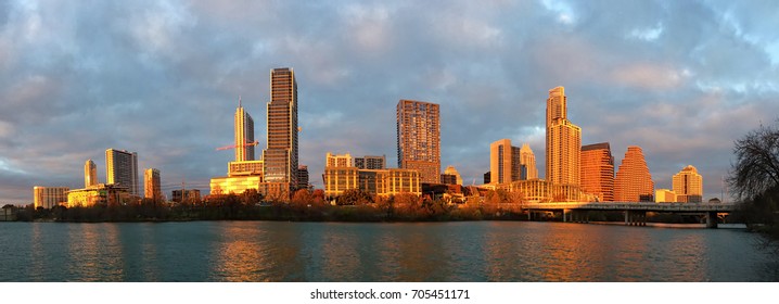 Panorama of Austin skyline glowing at sunset