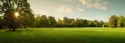 Panorama Of Autumn City Park At Sunrise