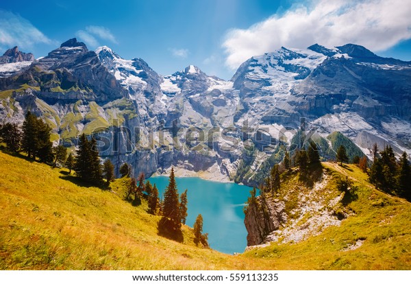 Panorama Azure Pond Oeschinensee Popular Tourist Stock Photo (Edit Now ...