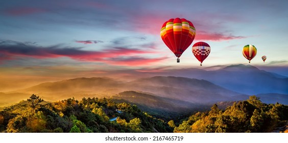 Panorama of balloons, Hot air balloons on the hill in doi inthanon national park , Chiang Mai, Thailand - Shutterstock ID 2167465719