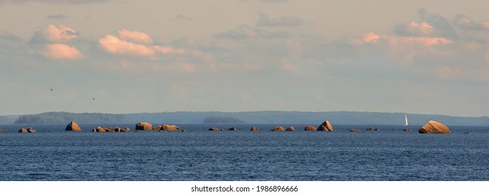 Panorama Of Baltic Sea Shelf With Boulders And Stones. Clouds, Yacht And Birds In Evening Warm Light. Clean Nordic Nature In Gulf Of Finland.