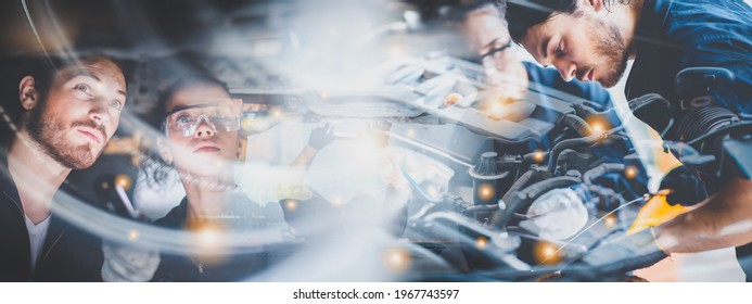 panorama banner background of mechanic working about auto car engine service, technician having automotive job to maintenance or repair automobile in motor garage, business industrial auto car engine