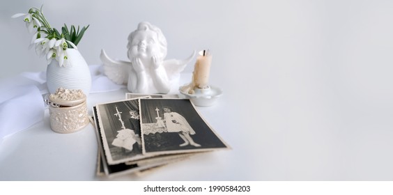 Panorama, Banner Of Stack Of Vintage Photos, Pictures Of Children Of First Communion Of 1950, Candle Is Lit, Spring Flowers In Vase, Concept Of Family Tree, Genealogy, Childhood Memories