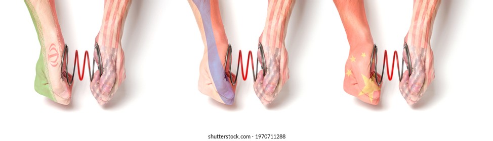 Panorama Banner,tensions Between US And Iran,China,Russia. Concept Of Confrontation Between Countries Of West And East, Asia.