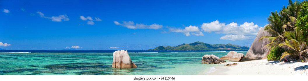 Panorama of beautiful Anse Source d Argent beach in Seychelles