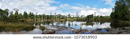 Panorama Beautiful Background of Swamp, Flowing water, Waterfall or Puddle On the mountain. Among the forests and greenery. With nature Feeling relaxed and bright blue sky with cloud in background.