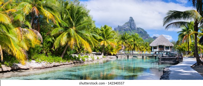 Panorama Of A Beautiful Coast With Otemanu Mountain View On Bora Bora Island