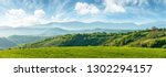 panorama of beautiful countryside of romania. sunny afternoon. wonderful springtime landscape in mountains. grassy field and rolling hills. rural scenery