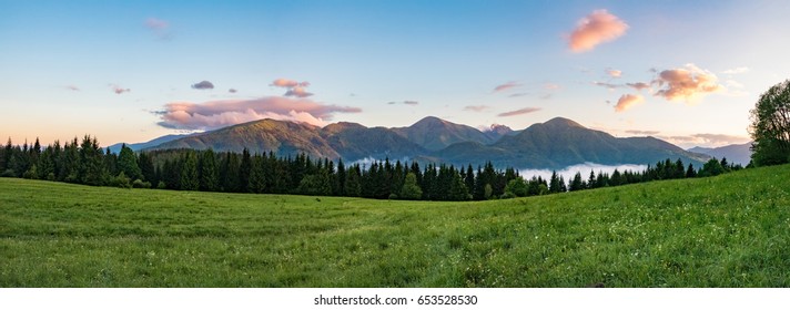 Panorama Of Beautiful Dawn With Mountains Ridge, Blue Sky, Clouds, Forest, Meadow And Fog In Valley - Little Fatra Hills National Park, Slovakia, Europe