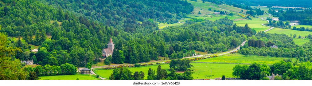 Panorama Of Beautiful Landscape Of Scotland, Balmoral Castle In Cairngorms National Park 