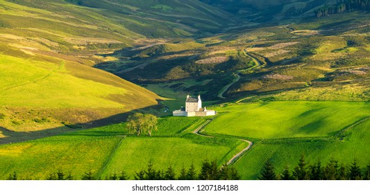 Panorama Of Beautiful Landscape Of Scotland, Corgarff Castle In Cairngorms National Park 