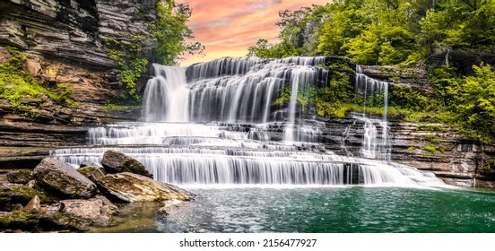Panorama of a beautiful waterfall cascade. Waterfall cascade panoramic landscape. Beautiful waterfall cascade. Waterfall panorama - Shutterstock ID 2156477927