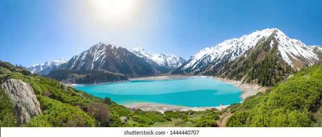 Panorama of Big Almaty Lake on Sunny summer day, Kazakhstan