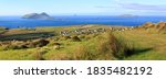 Panorama of The Blasket Islands viewed from the slopes of Cruach Mhárthain on the Dingle Peninsula along the Wild Atlantic Way in Ireland