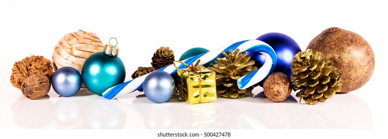 panorama with blue christmas decoration on a white background - Shutterstock ID 500427478