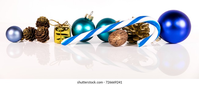 panorama with blue christmas decoration on a white background - Shutterstock ID 726669241