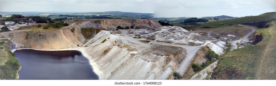 Panorama Of Blue Lagoon Un Buxton. Exlusive Photo As The Water Has Currently Been Died Black For Limited Time. Photo Taken From Drone. 