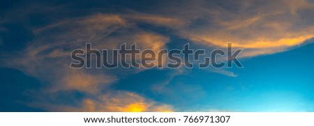 Panorama blue sky with clouds on sunset .Sky is everything lies above surface Earth atmosphere and outer space.