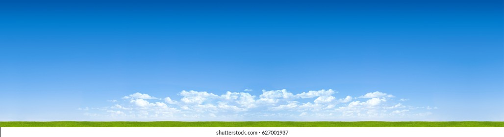 Panorama Blue Sky Horizon With Clouds And Grass