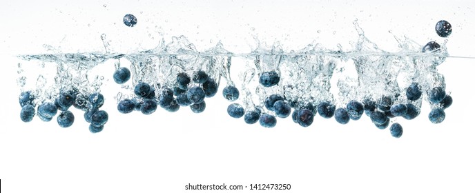 Panorama of Blueberries sinking underwater with air bubbles isolated on white background. Berry fruit theme.