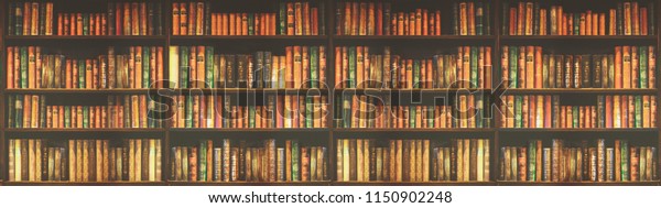 panorama blurred bookshelf Many old books in a\
book shop or library.