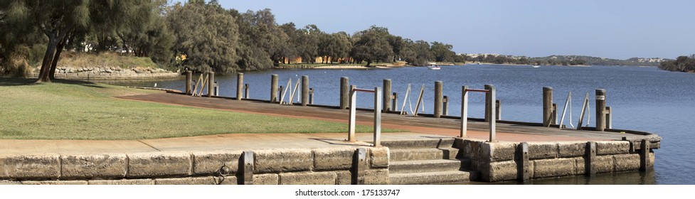 Panorama Of The Boat Launching Ramp At The Collie River Near Australind Western Australia On A Fine Sunny Summer Morning. 