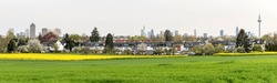 Panorama Of Bonames, A Northern District Of Frankfurt Am Main With The Skyline Of The City Center On The Horizon And Blooming Agricultural Fields In The Foreground