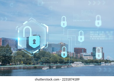Panorama Boston city view skyline and Massachusetts Institute of Technology campus at day time. Glowing Padlock hologram. The concept of cyber security to protect companies confidential information - Shutterstock ID 2231874189