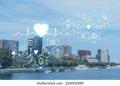 Panorama Boston city view skyline and Massachusetts Institute of Technology campus at day time. Glowing healthcare digital medicine icons. The concept of treatment from disease, Threat of pandemic