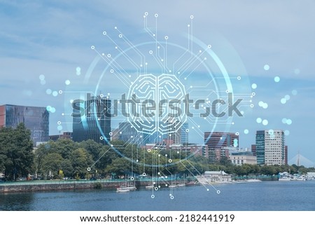 Panorama Boston city view skyline and Massachusetts Institute of Technology campus at day time. Hologram of Artificial Intelligence concept. AI and business, machine learning, neural network, robotics