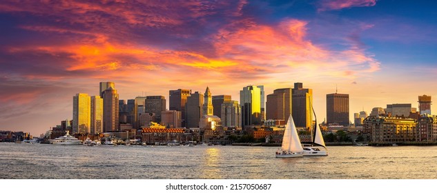Panorama Of  Boston Cityscape At Sunset, USA