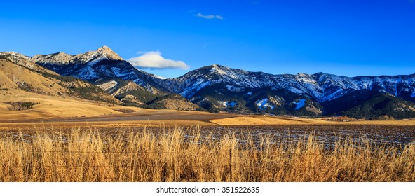Panorama of Bridger mountain range near Bozeman, Montana. Photographed at sunset.